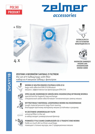 WORKI DO ODKURZACZA ZELMER ZVCA111B SAFBAG 4 SZT + FILTR EPA E10