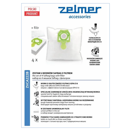 WORKI DO ODKURZACZA ZELMER ZVCA222B 4 SZT + FILTR SAFBAG EPA E10